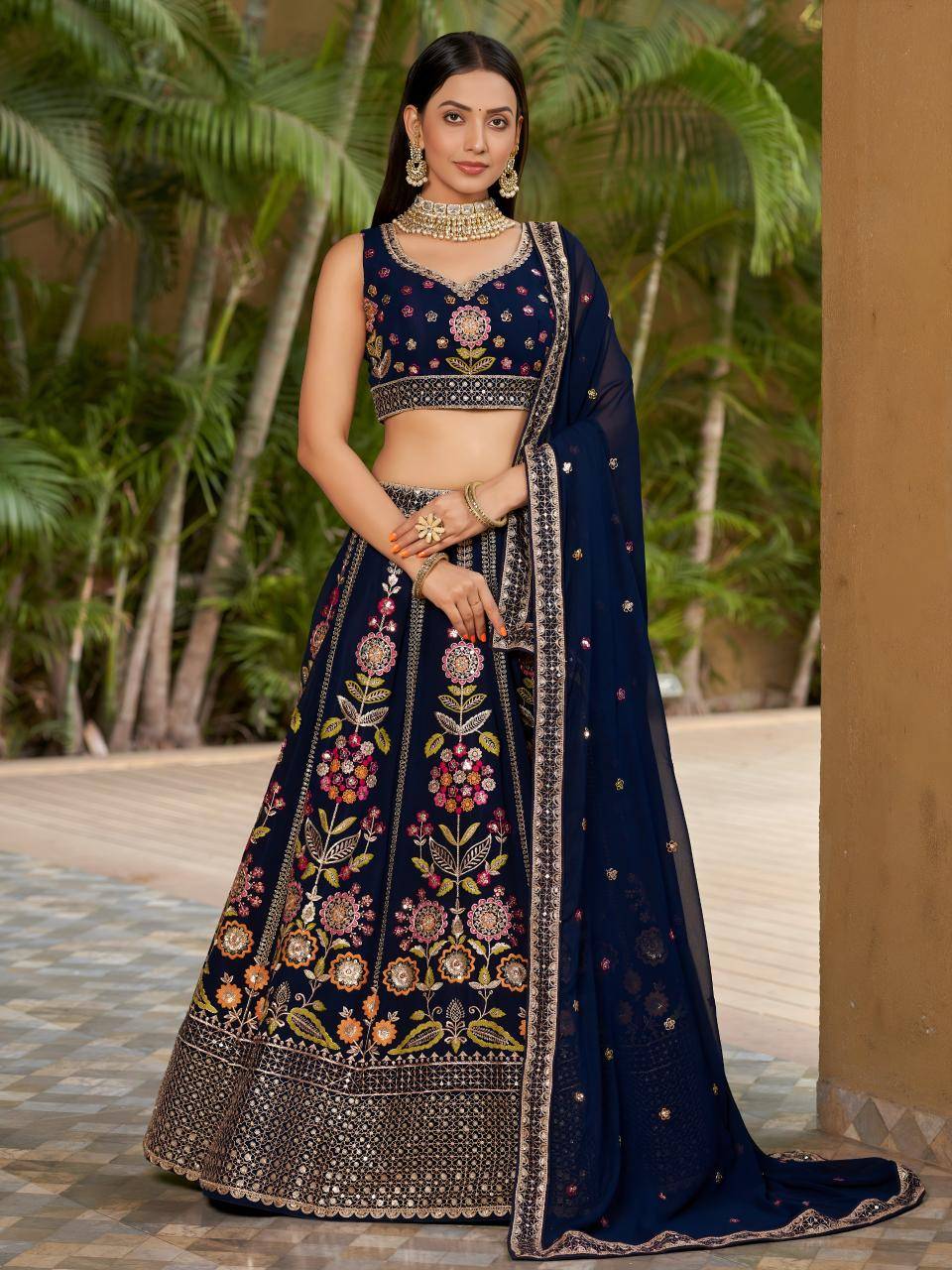 Olive Embroidered Georgette Blue Party wear lehenga choli at wholesale prices